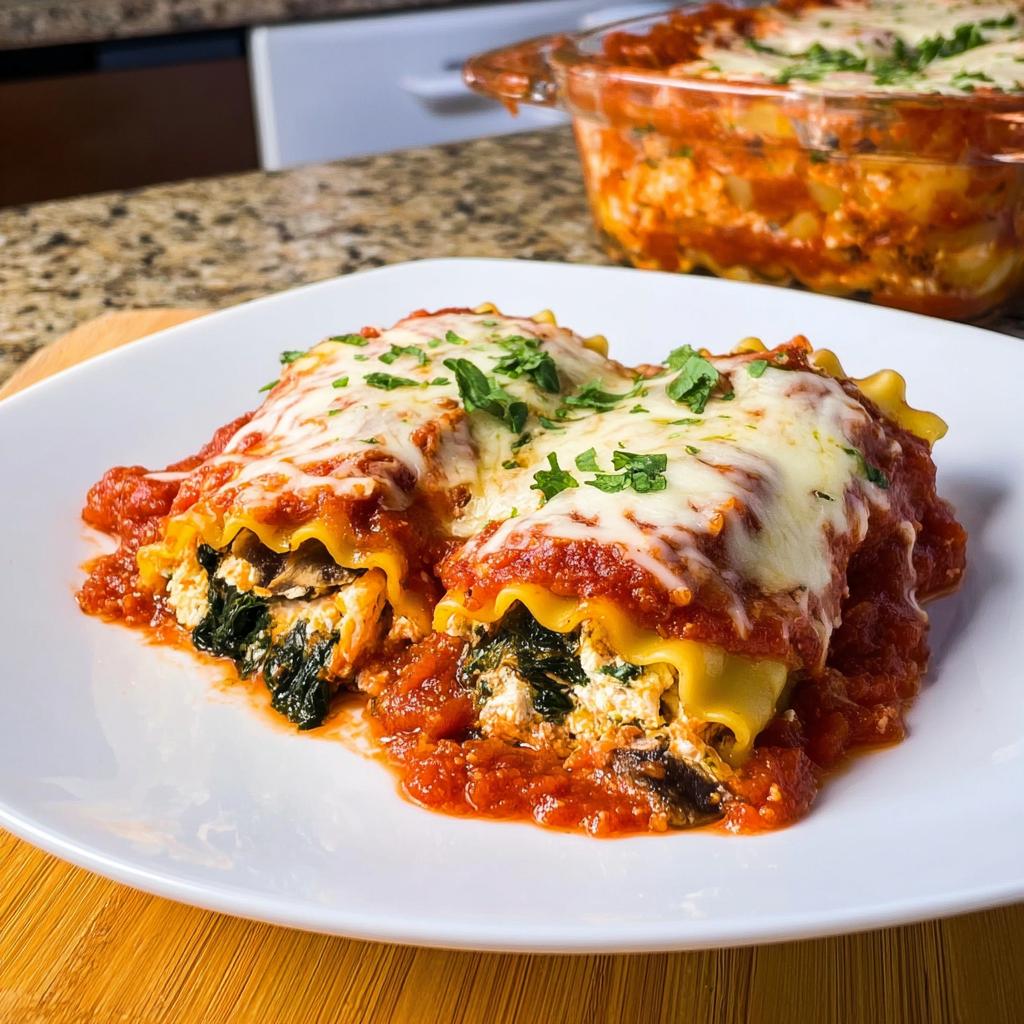 Two Spinach and Mushroom Lasagna Roll Ups covered in marinara sauce and melted cheese on a white plate.