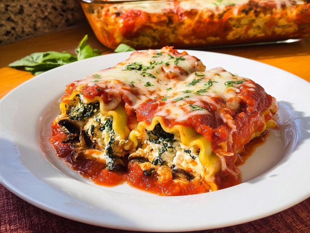 Two Spinach and Mushroom Lasagna Roll Ups covered in marinara sauce and melted cheese on a white plate.