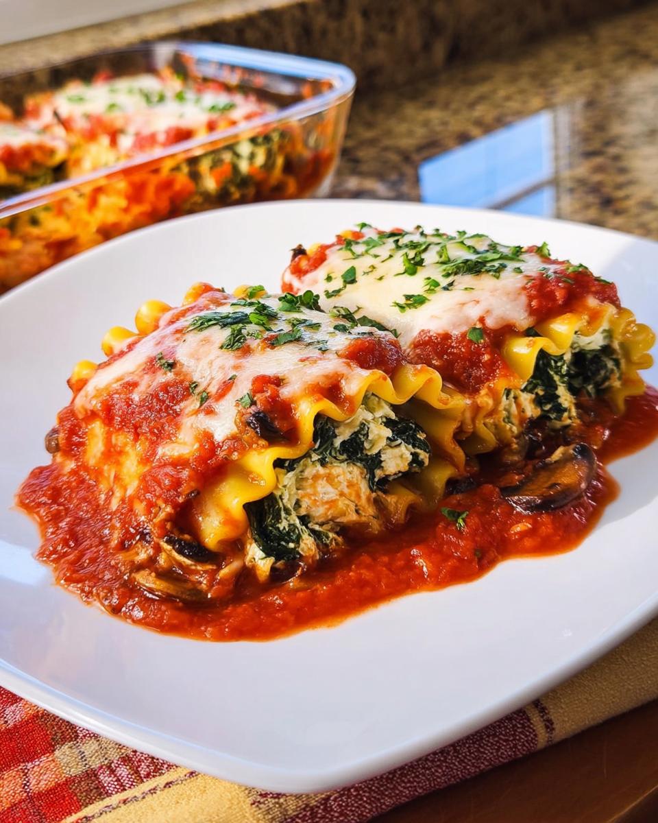 Two Spinach and Mushroom Lasagna Roll Ups covered in marinara sauce and melted cheese on a white plate.