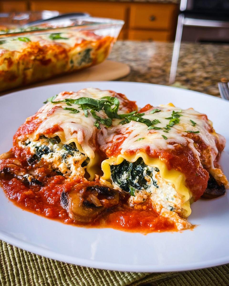 Two Spinach and Mushroom Lasagna Roll Ups covered in marinara sauce and melted mozzarella cheese on a white plate.