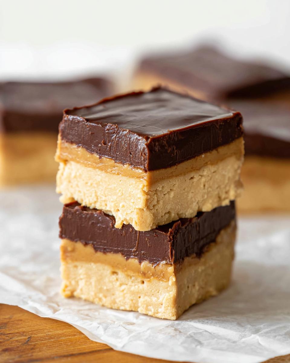 Two stacked Peanut Butter Chocolate Fudge Squares showing thick peanut butter and rich chocolate layers.