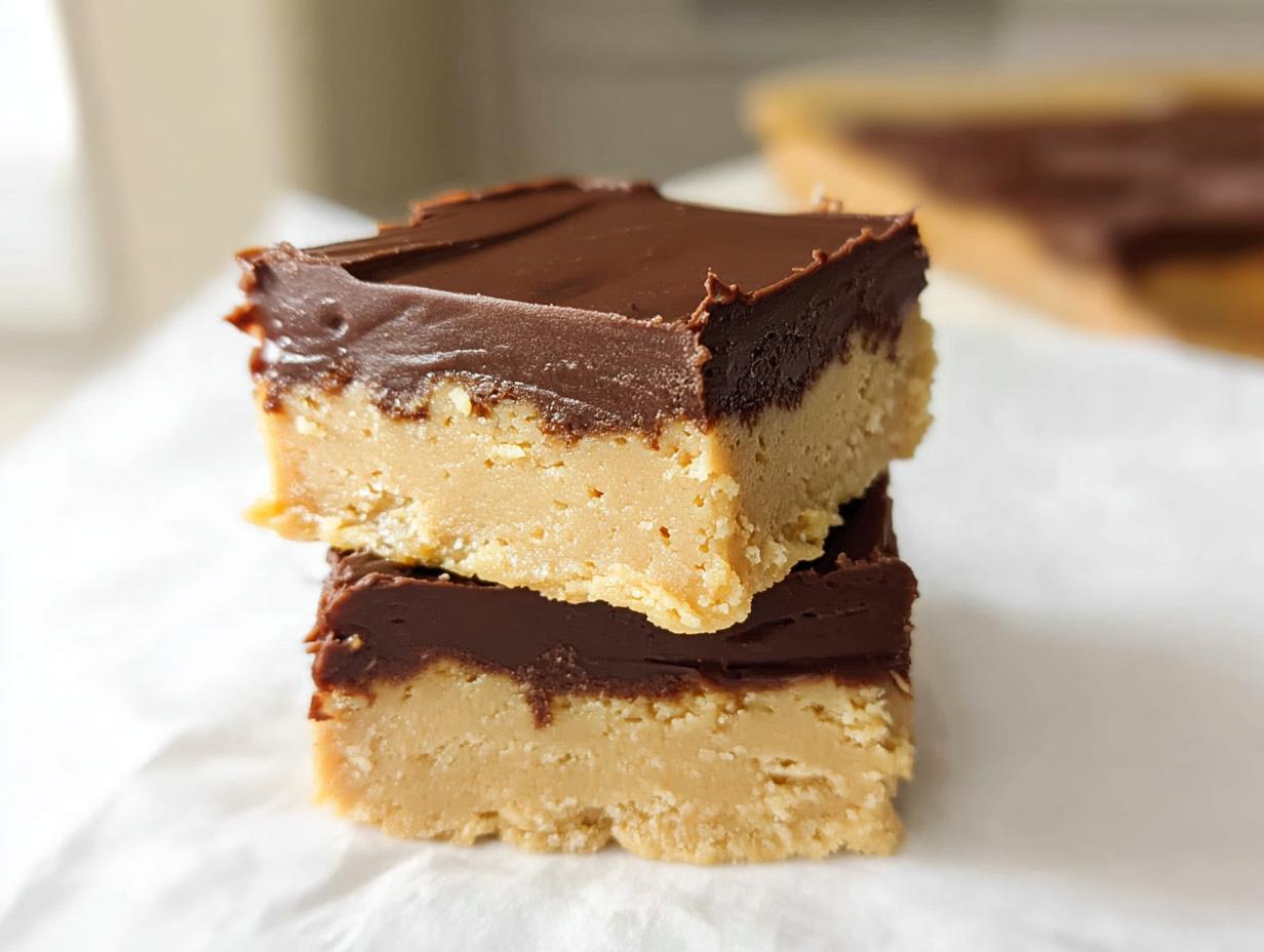 Two stacked Peanut Butter Chocolate Fudge Squares showing thick peanut butter base and rich chocolate topping.