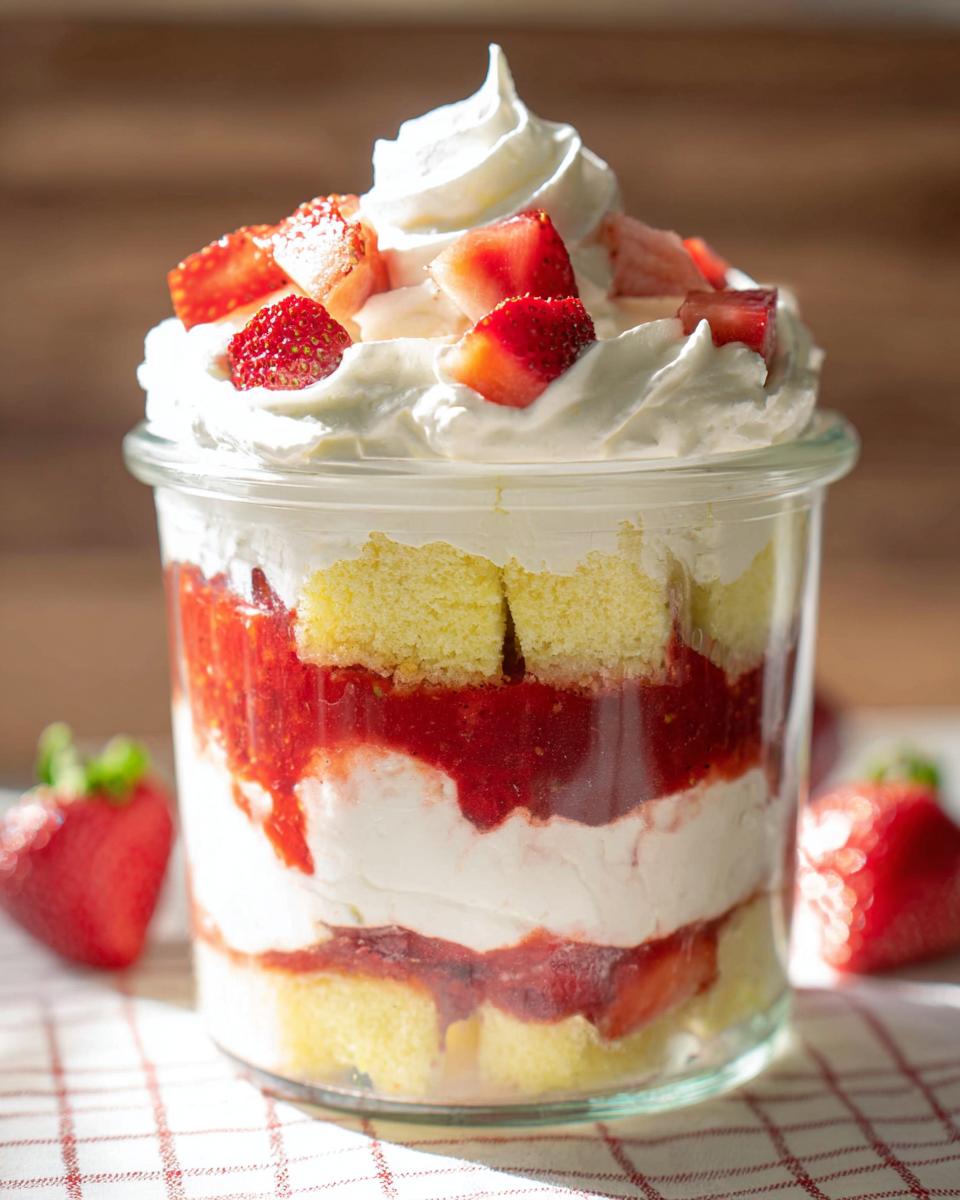 A close-up of a Strawberry Shortcake Trifle in a Jar showing layers of cake, whipped cream, and macerated strawberries, topped with more cream and fresh fruit.
