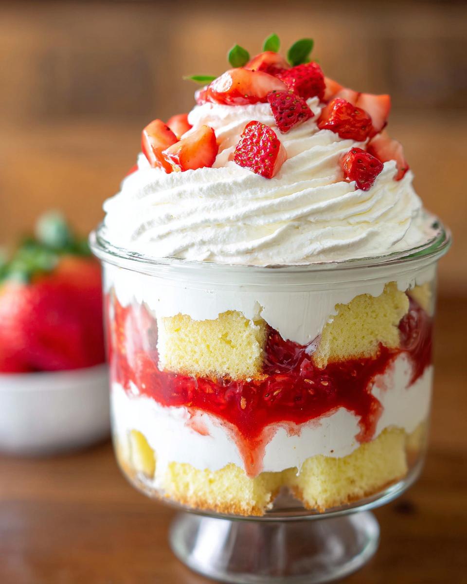 Close-up of a Strawberry Shortcake Trifle in a Jar showing layers of cake, cream, and strawberry filling, topped with whipped cream and fresh berries.