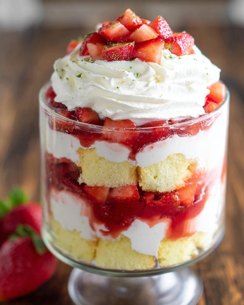 Close-up of a layered Strawberry Shortcake Trifle in a Jar with cake, whipped cream, and macerated strawberries.