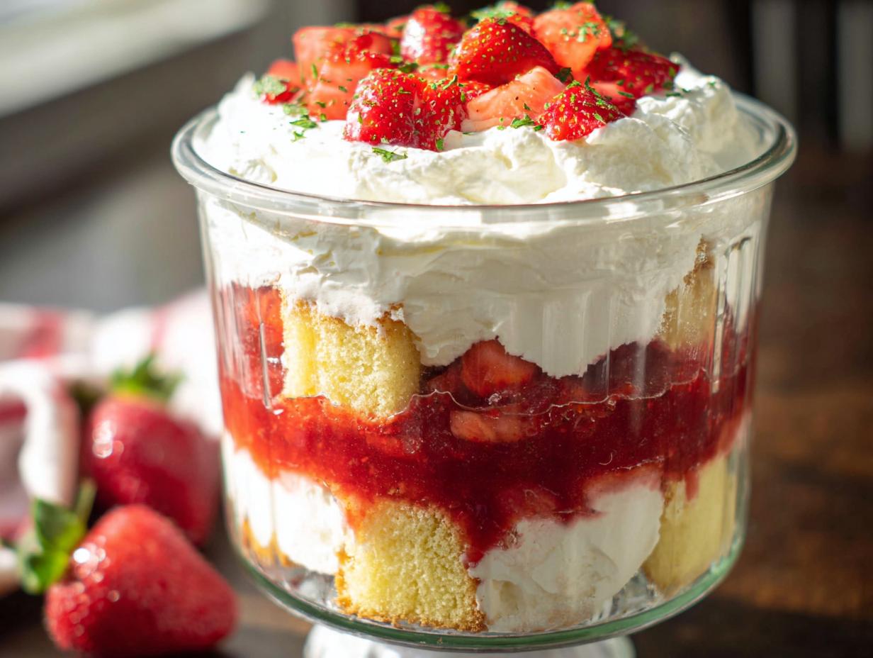 Close-up of a layered Strawberry Shortcake Trifle in a Jar showing cake, strawberry filling, and whipped cream topping.