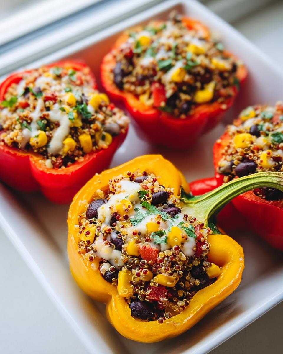 Four colorful Stuffed Bell Peppers with Quinoa and Black Beans, topped with melted cheese and cilantro, served on a white dish.
