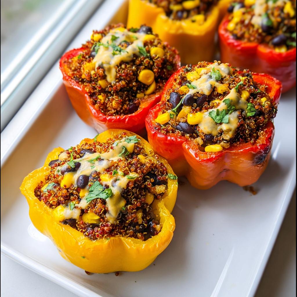 Close-up of vibrant Stuffed Bell Peppers with Quinoa and Black Beans, topped with melted cheese and cilantro.