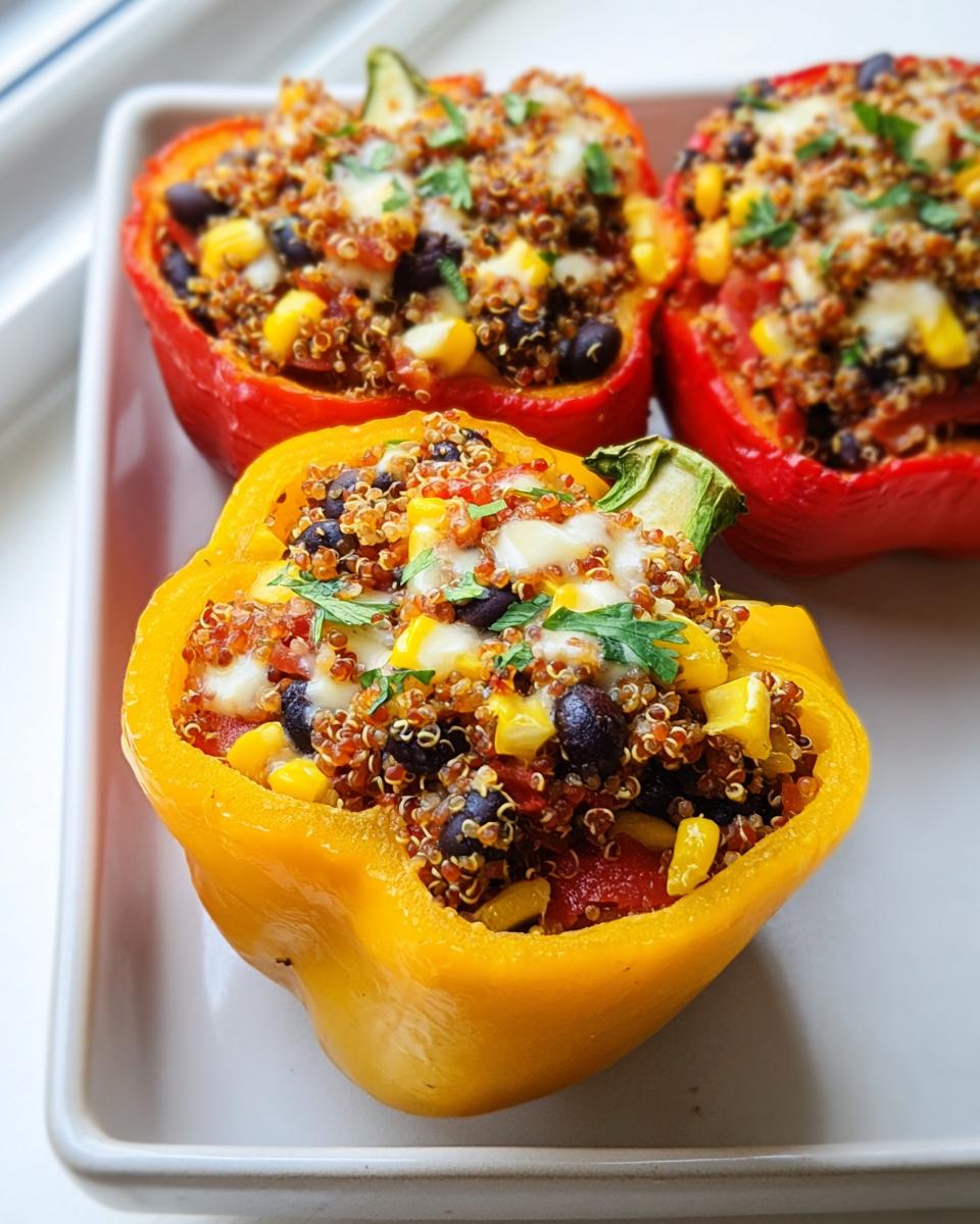 Three colorful Stuffed Bell Peppers with Quinoa and Black Beans, topped with melted cheese and parsley.