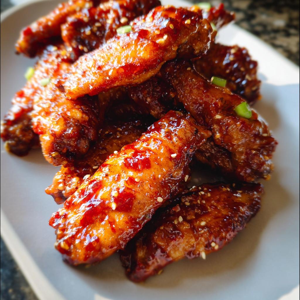 A pile of crispy Sweet Chili Glazed Chicken Wings coated in a shiny red sauce and sprinkled with sesame seeds.