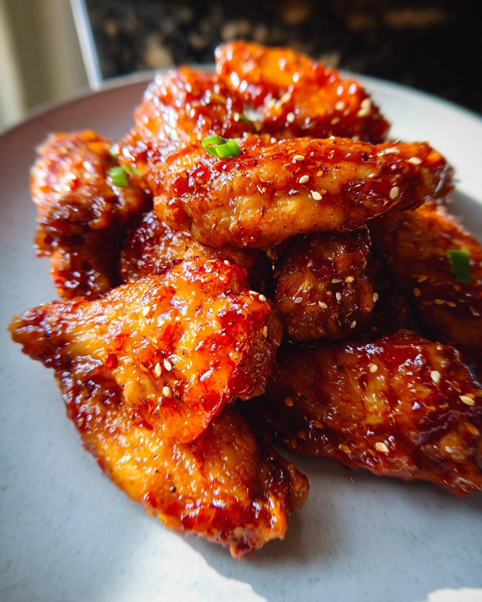 A pile of glistening Sweet Chili Glazed Chicken Wings coated in a sticky sauce and sprinkled with sesame seeds.
