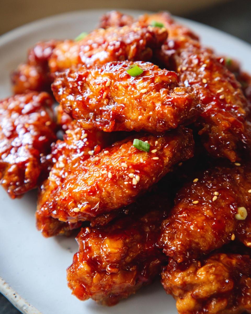 A pile of crispy Sweet Chili Glazed Chicken Wings coated in a shiny, reddish-orange sauce and sprinkled with sesame seeds.