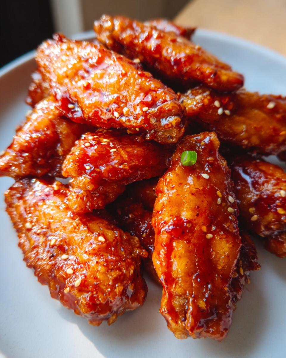 A pile of crispy Sweet Chili Glazed Chicken Wings, glistening with sauce and sprinkled with sesame seeds.