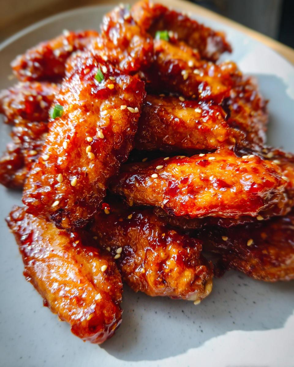A pile of glossy Sweet Chili Glazed Chicken Wings, sprinkled with sesame seeds and green onion.
