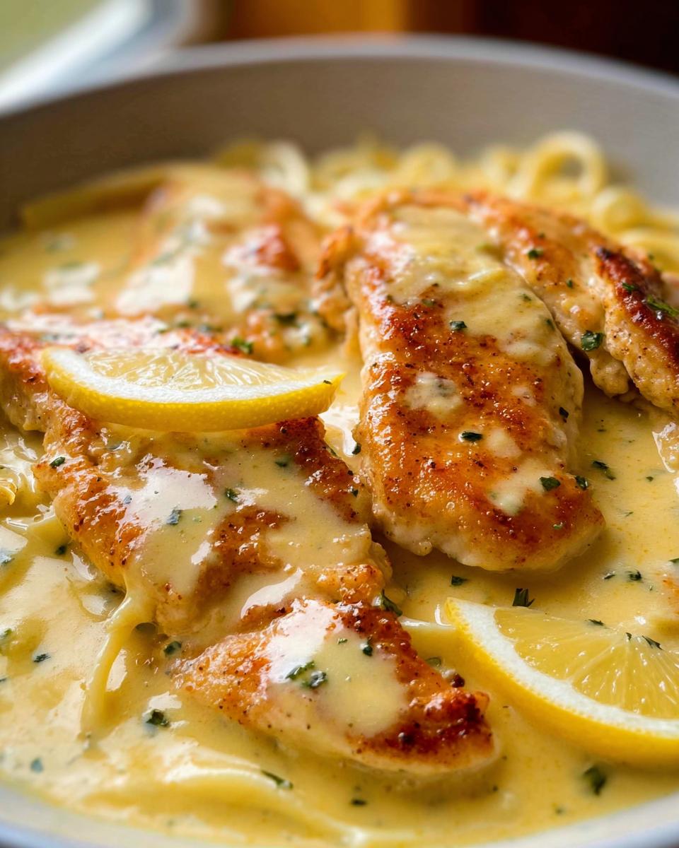 Close-up of seared chicken breasts smothered in a rich, yellow Tangy Lemon Cream Chicken sauce, served over pasta and garnished with lemon slices.