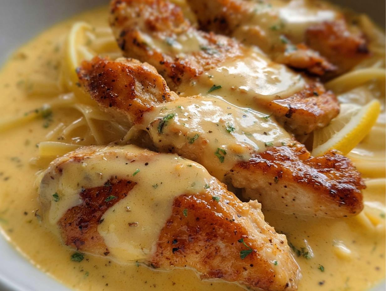 Golden-brown pan-seared chicken pieces smothered in a rich, creamy lemon sauce, served over pasta. This is Tangy Lemon Cream Chicken.