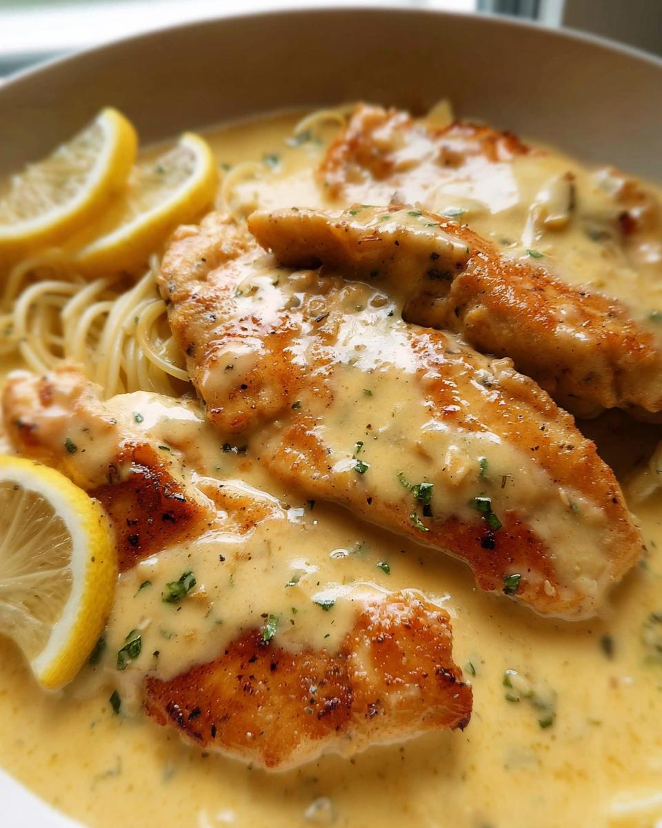 Close-up of seared chicken breasts covered in creamy lemon sauce served over pasta, garnished with lemon slices.