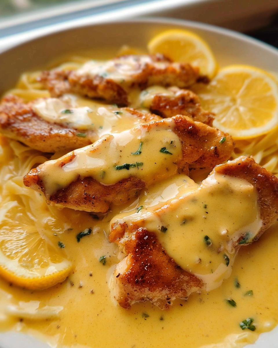 Close-up of seared chicken pieces smothered in a rich, yellow Tangy Lemon Cream Chicken sauce, served over pasta and garnished with lemon slices.