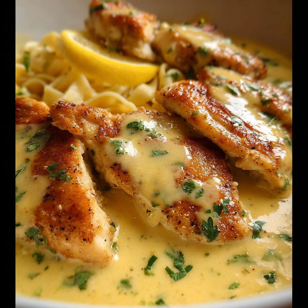 Close-up of seared chicken pieces covered in creamy sauce, served over pasta, featuring Tangy Lemon Cream Chicken.
