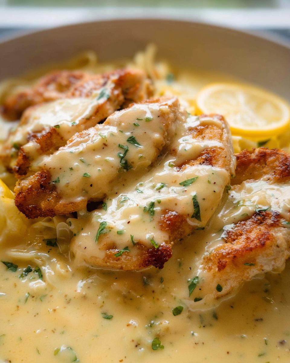 Close-up of golden-brown chicken pieces smothered in a rich, creamy lemon sauce, garnished with parsley and a lemon slice.