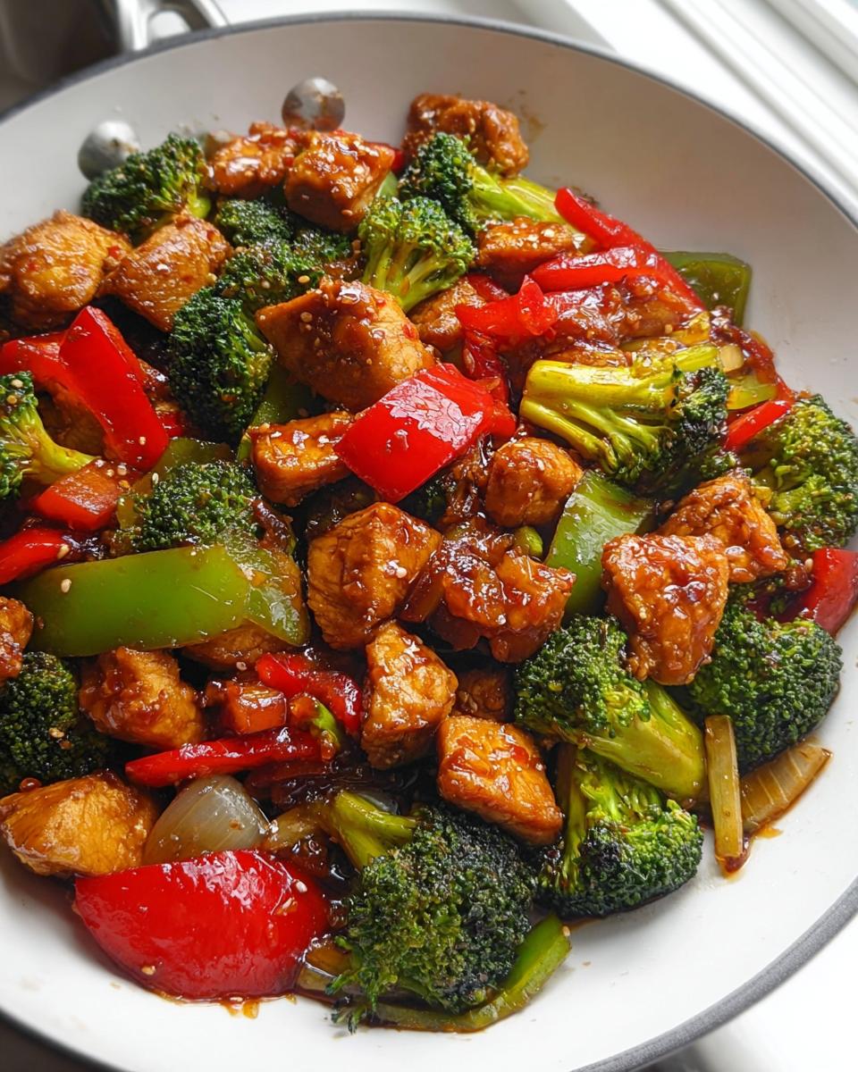 Close-up of glistening Teriyaki Chicken Stir Fry featuring chunks of chicken, bright green broccoli florets, and red/green bell peppers.