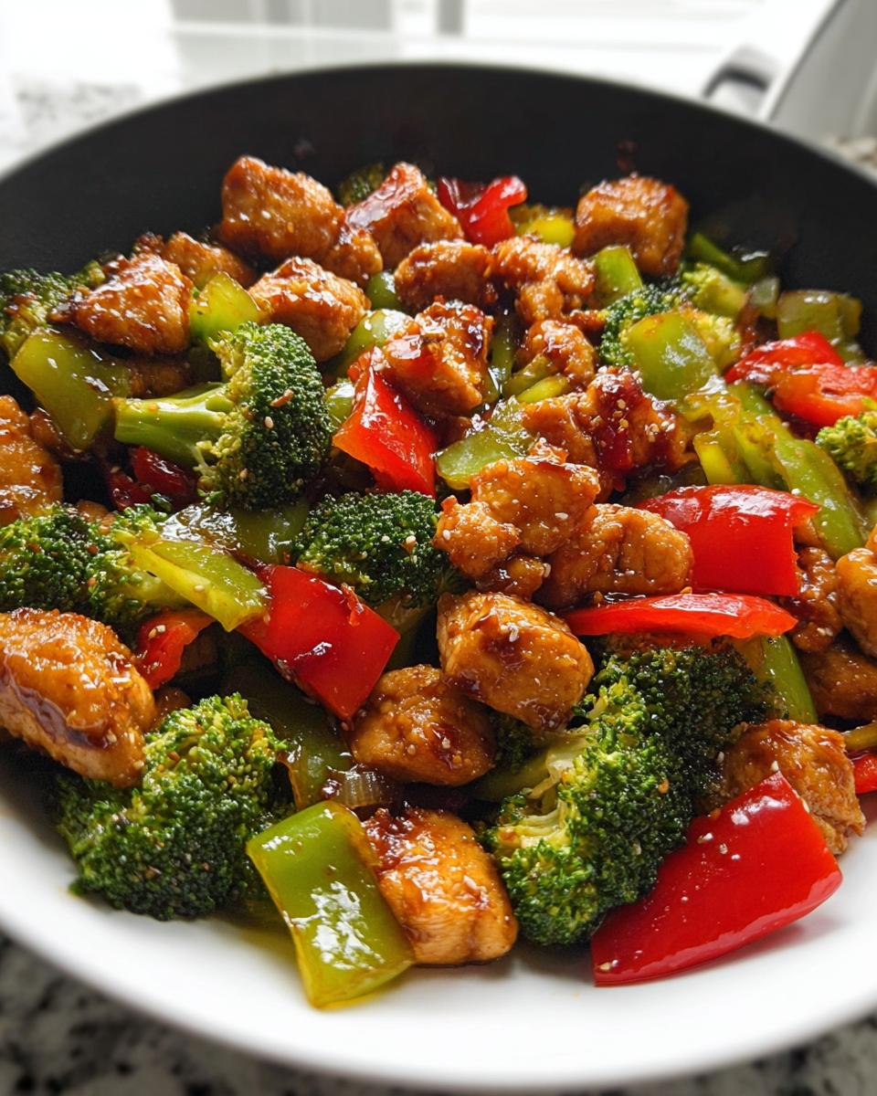 Close-up of glossy Teriyaki Chicken Stir Fry featuring chunks of chicken, bright green broccoli, and red and green bell peppers.