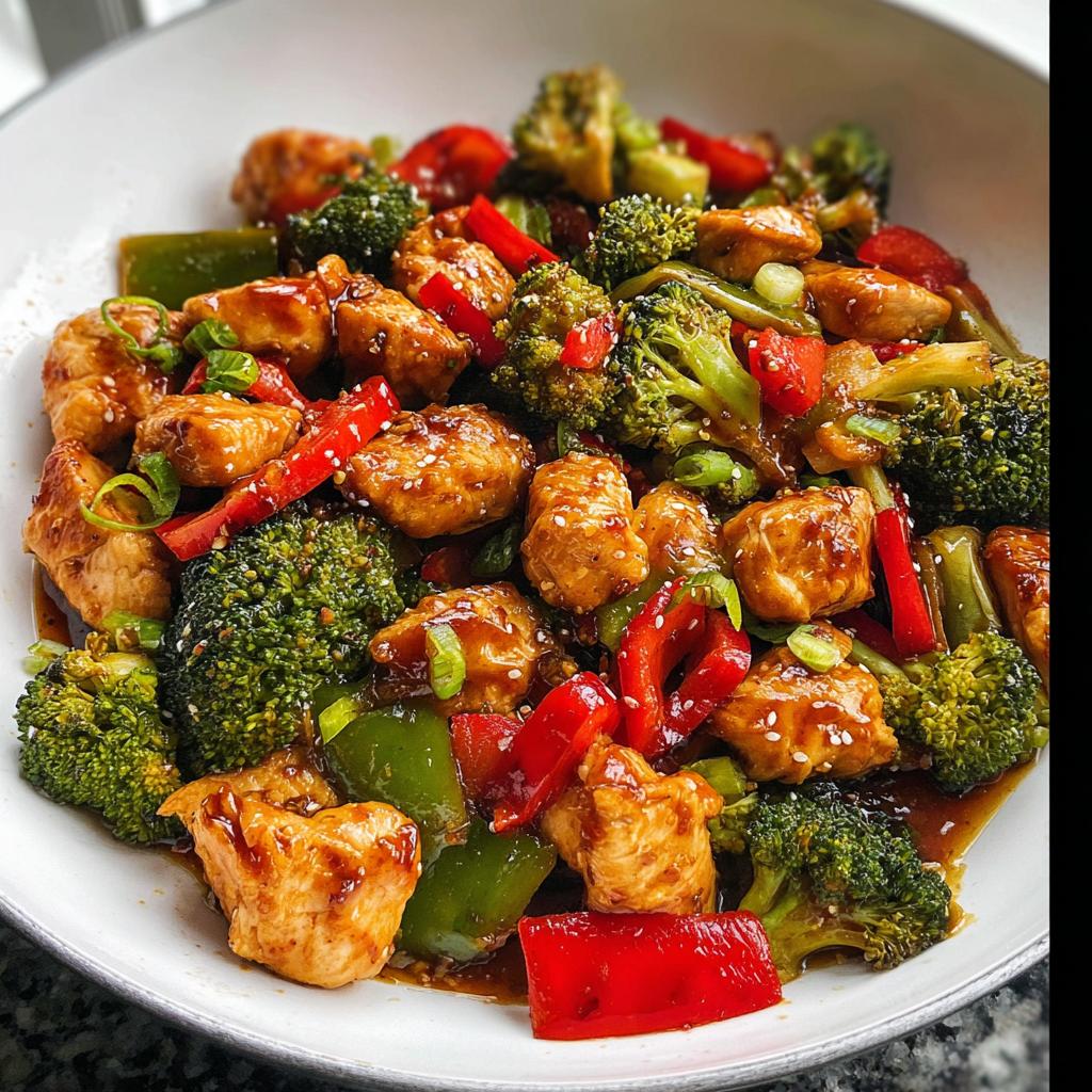 A close-up of vibrant Teriyaki Chicken Stir Fry featuring glazed chicken pieces, bright green broccoli, and red bell peppers.