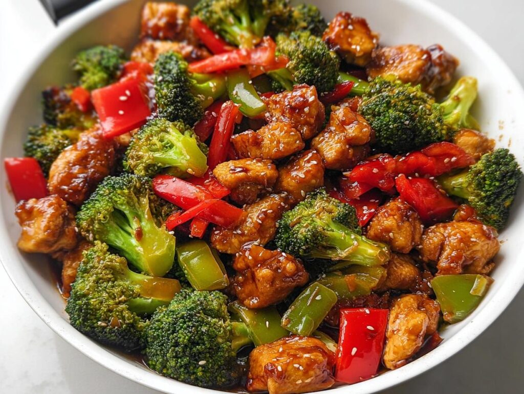 Close-up of vibrant Teriyaki Chicken Stir Fry featuring glossy chicken pieces, bright green broccoli florets, and red and green bell peppers.