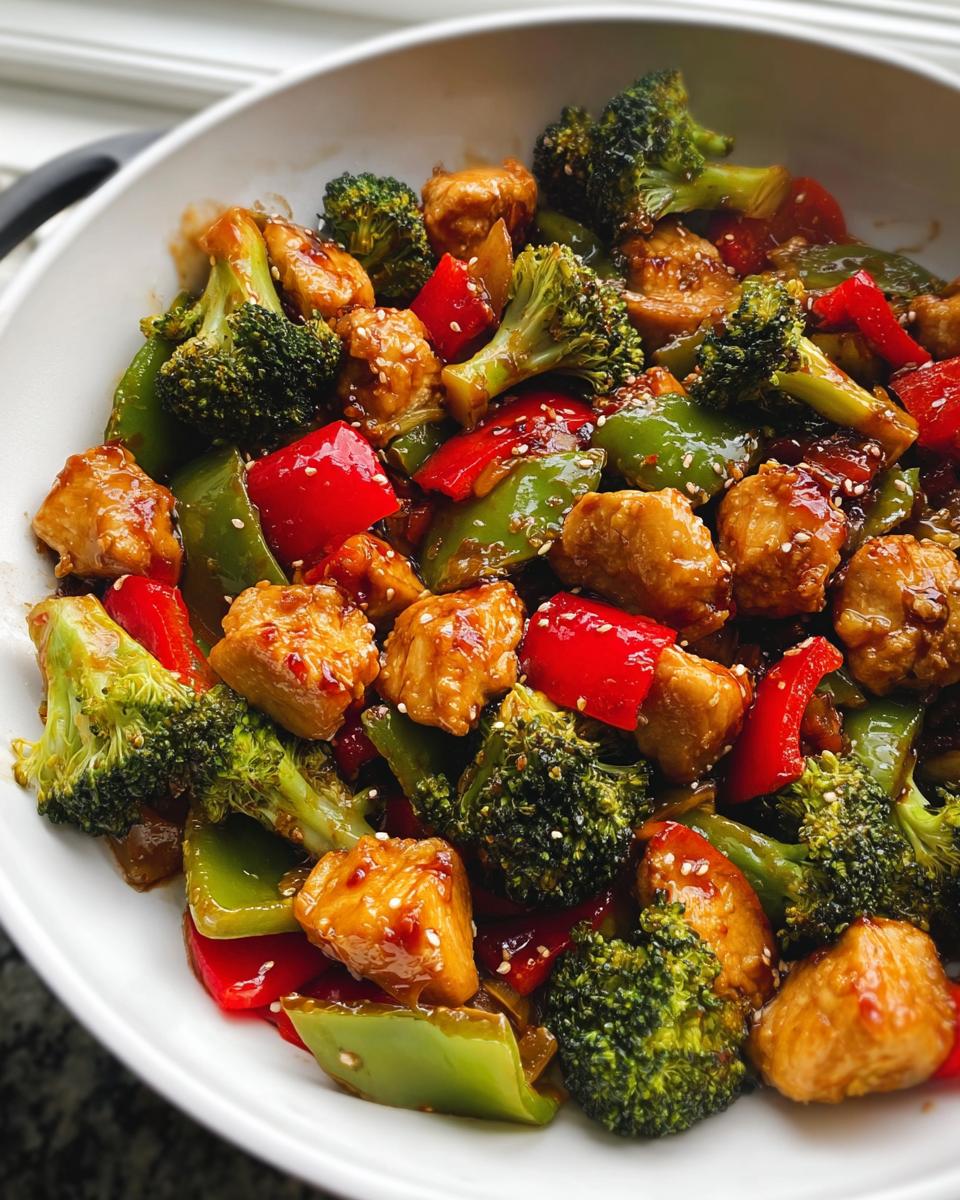 Close-up of tender chicken pieces mixed with bright green broccoli and red/green bell peppers in a rich sauce, ready for Teriyaki Chicken Stir Fry.