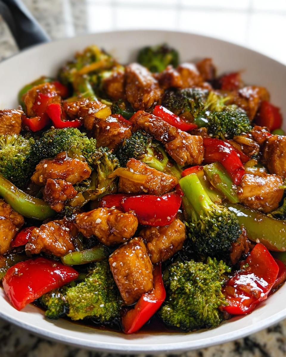 Close-up of Teriyaki Chicken Stir Fry with bright red peppers and green broccoli florets coated in thick sauce.