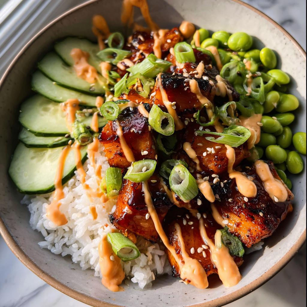 Close-up of a Teriyaki Glazed Salmon Rice Bowls with rice, edamame, sliced cucumber, and spicy mayo drizzle.