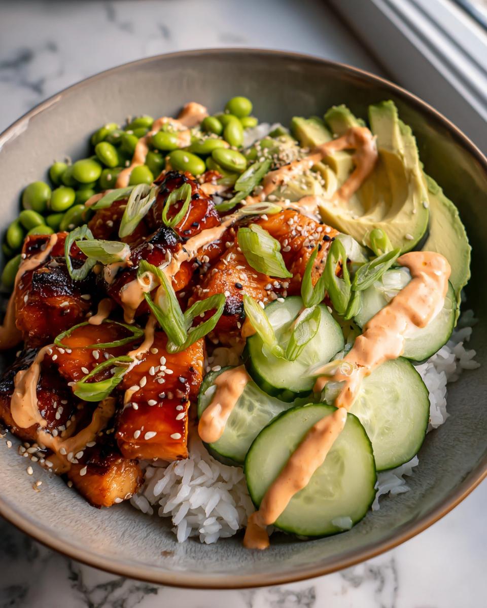Close-up of Teriyaki Glazed Salmon Rice Bowls featuring glazed salmon, avocado, edamame, and spicy mayo drizzle.