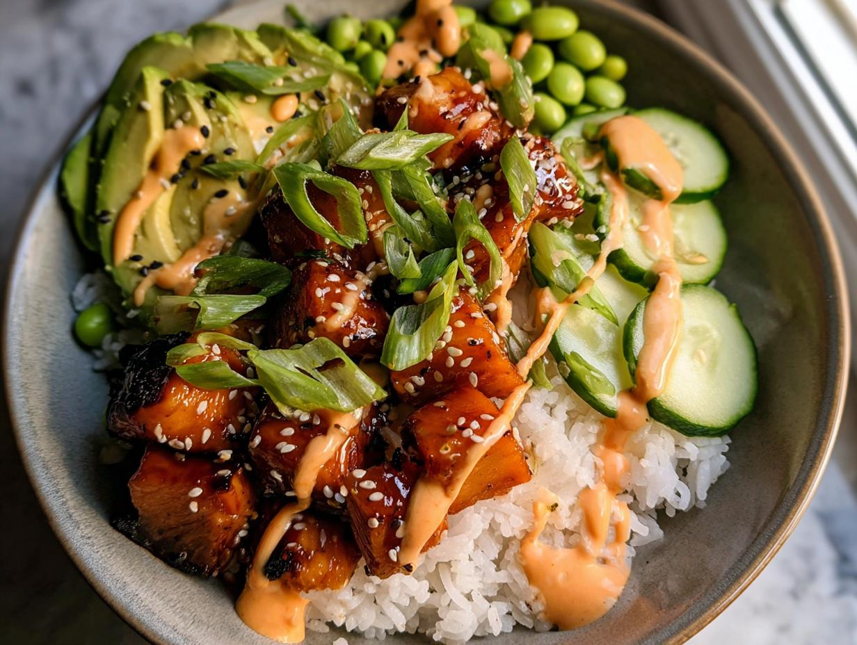 Close-up of Teriyaki Glazed Salmon Rice Bowls with avocado, cucumbers, edamame, and spicy mayo drizzle.