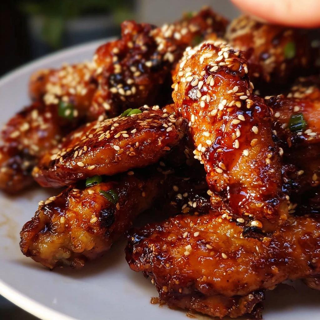 Close-up of glossy, baked Teriyaki Sesame Baked Chicken Wings covered in sesame seeds and green onions.