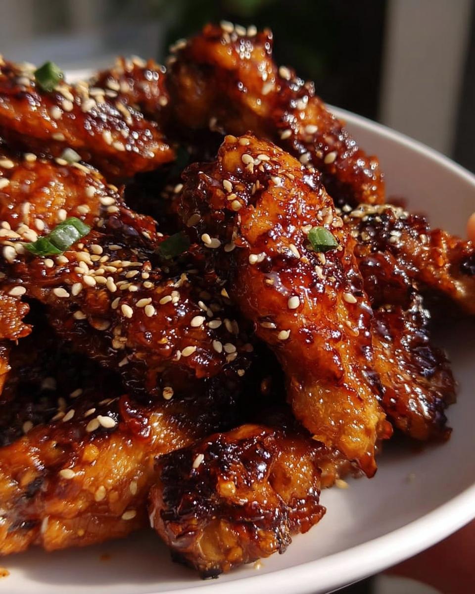 Close-up of sticky, glazed Teriyaki Sesame Baked Chicken Wings topped with white sesame seeds and green onions.