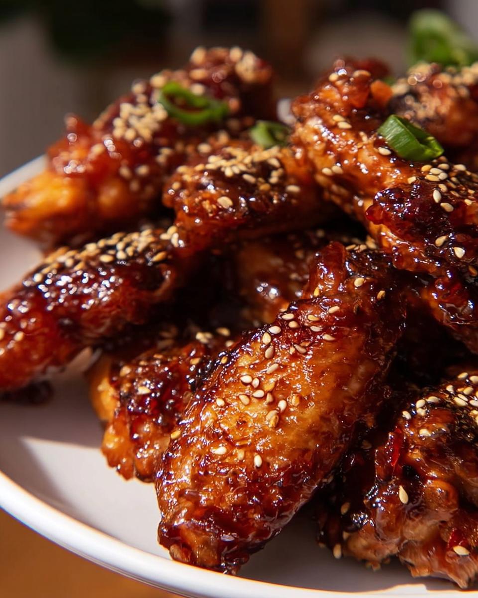 Close-up of sticky, glazed Teriyaki Sesame Baked Chicken Wings sprinkled with sesame seeds and green onions.