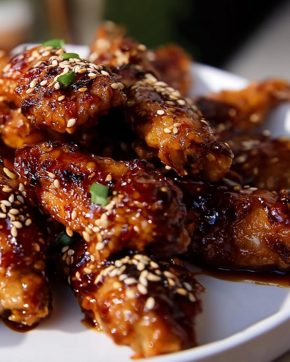 Close-up of sticky, glazed Teriyaki Sesame Baked Chicken Wings topped with white sesame seeds and green onions.