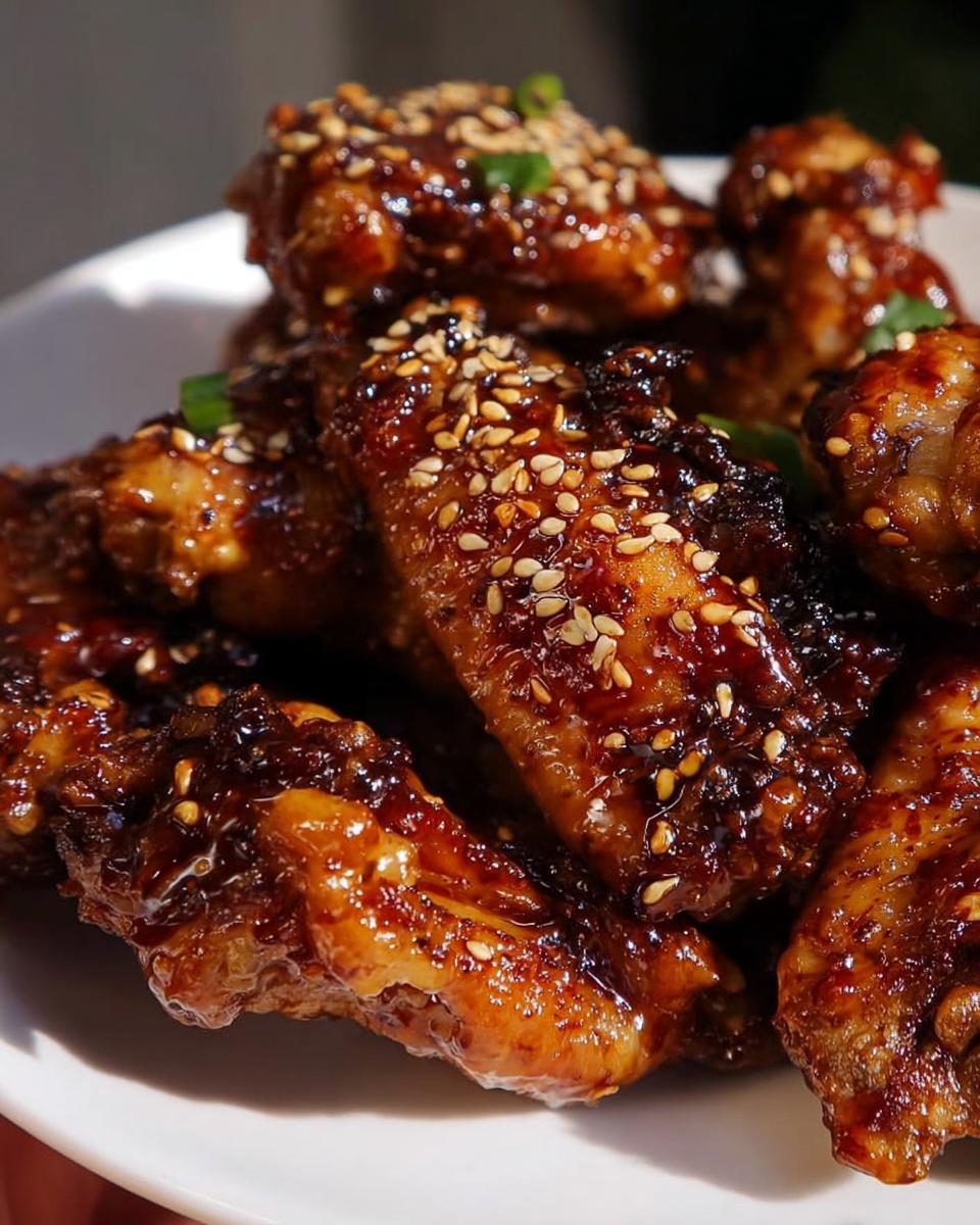 Close-up of sticky, glazed Teriyaki Sesame Baked Chicken Wings topped with sesame seeds.