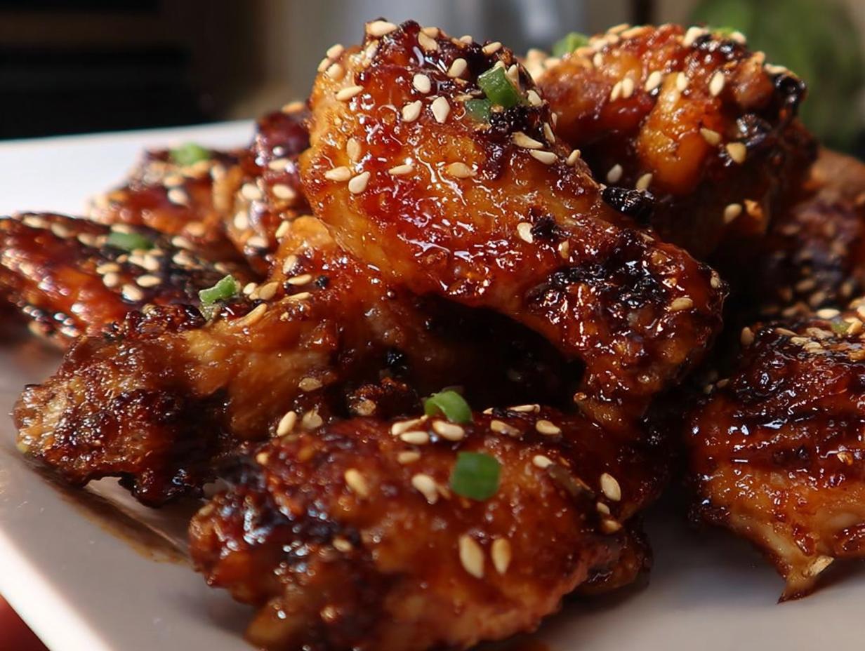 Close-up of sticky, glazed Teriyaki Sesame Baked Chicken Wings topped with sesame seeds and green onions.