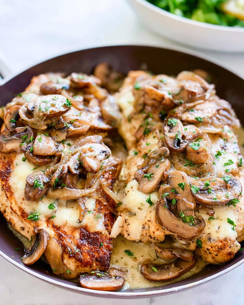 Two pieces of seared chicken breast topped with melted cheese, sautéed mushrooms, and onions in a creamy sauce, inspired by Texas Roadhouse Butter Chicken Skillet.