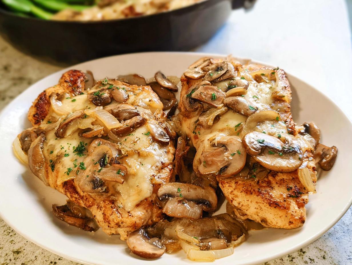 Two pieces of seared chicken topped with melted cheese, sautéed mushrooms, and onions, inspired by Texas Roadhouse Butter Chicken Skillet.