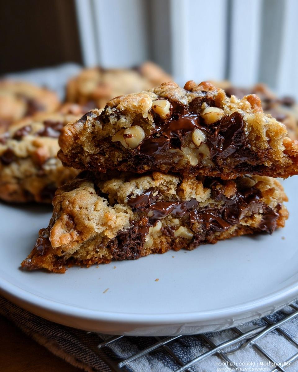 A thick Levain Style Chocolate Chip Walnut Cookie cut in half, showing a gooey, melted chocolate center and large walnut pieces.