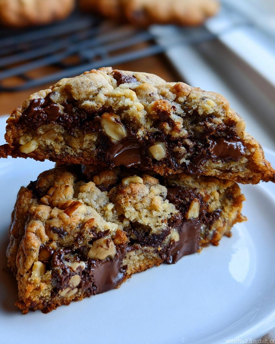 Close-up of a Thick Levain Style Chocolate Chip Walnut Cookie cut in half showing gooey melted chocolate and nuts.