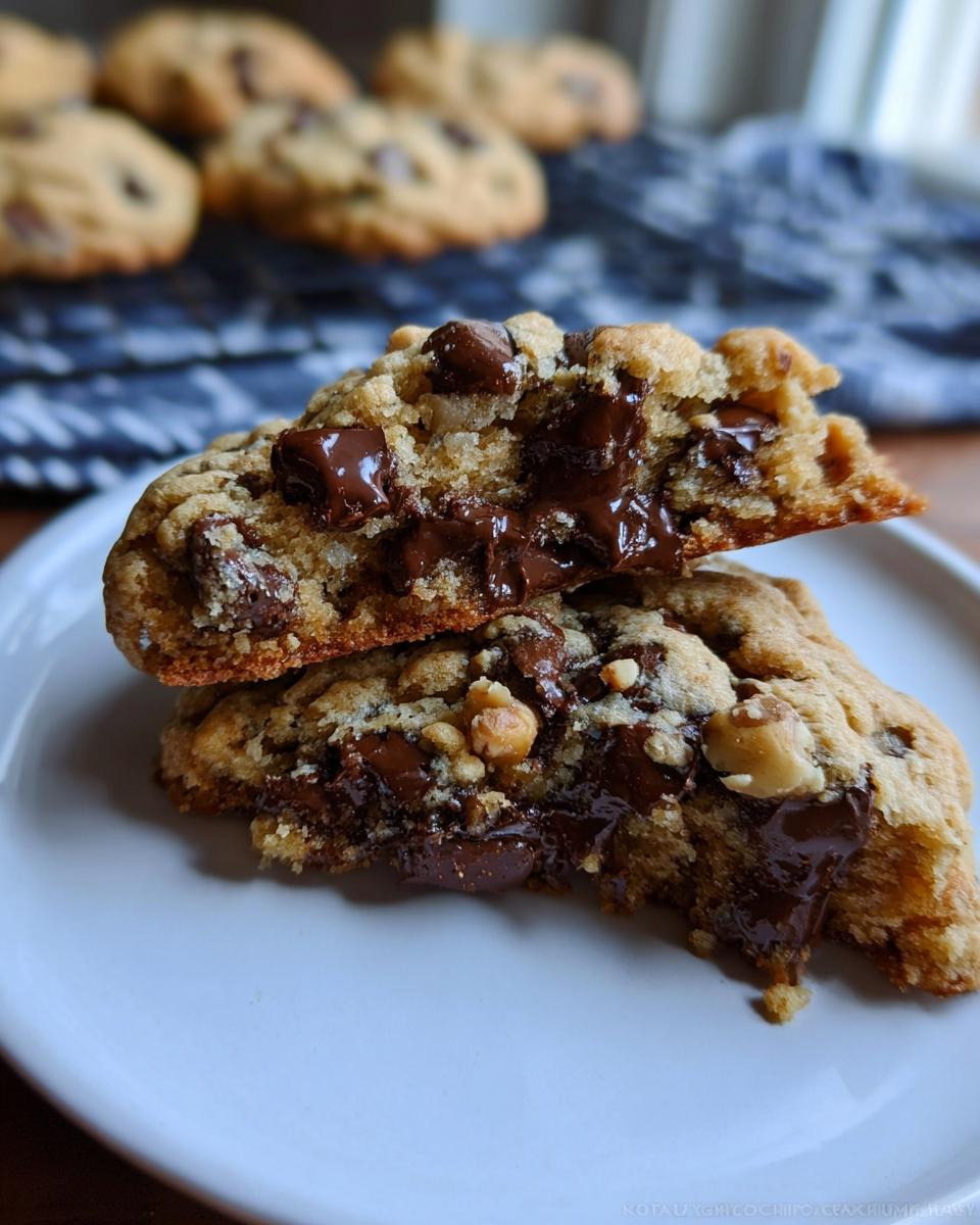 A Thick Levain Style Chocolate Chip Walnut Cookie broken in half, showing a gooey, melted chocolate center and walnuts.