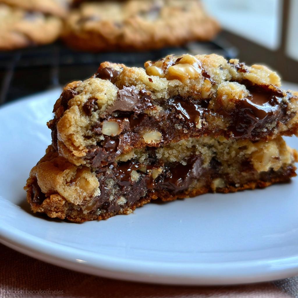 A thick Levain style chocolate chip walnut cookie sliced in half, showing a gooey, melted chocolate center and chunks of walnuts.