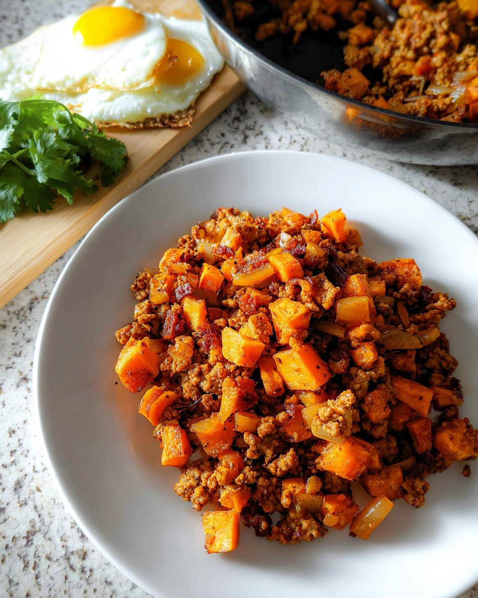 A white plate filled with Turkey and Sweet Potato Skillet Hash, served alongside fried eggs.