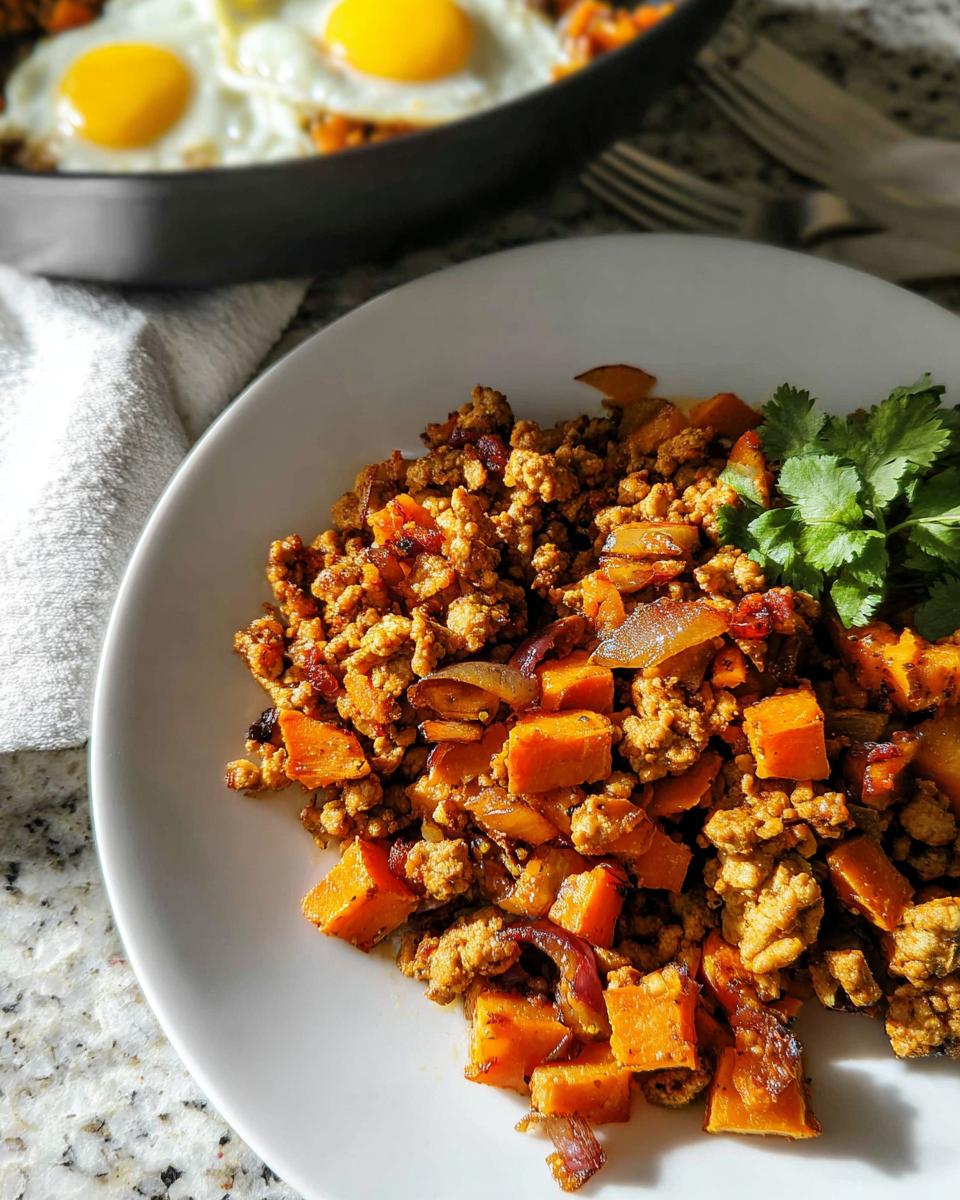 A white plate featuring a serving of Turkey and Sweet Potato Skillet Hash with caramelized onions and cilantro garnish.