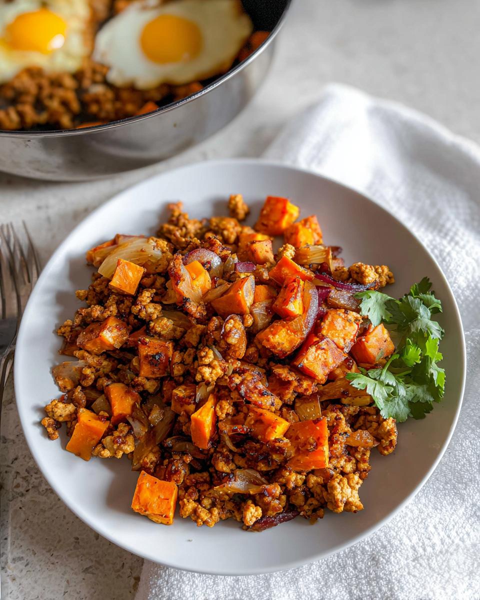 A plate of savory Turkey and Sweet Potato Skillet Hash with onions, garnished with cilantro, with a skillet of eggs in the background.