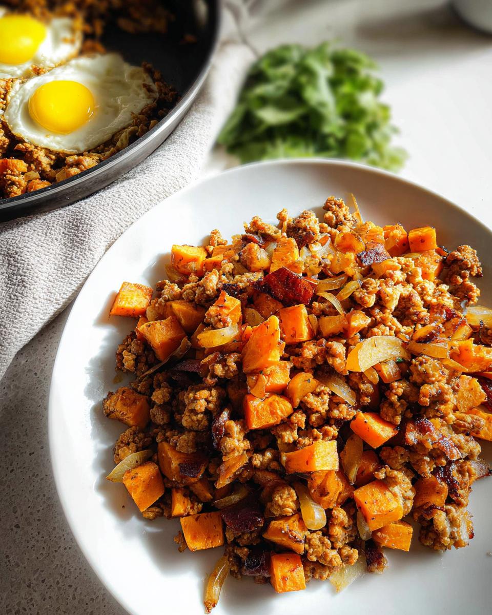 A white plate filled with Turkey and Sweet Potato Skillet Hash, with a skillet containing sunny-side-up eggs blurred in the background.