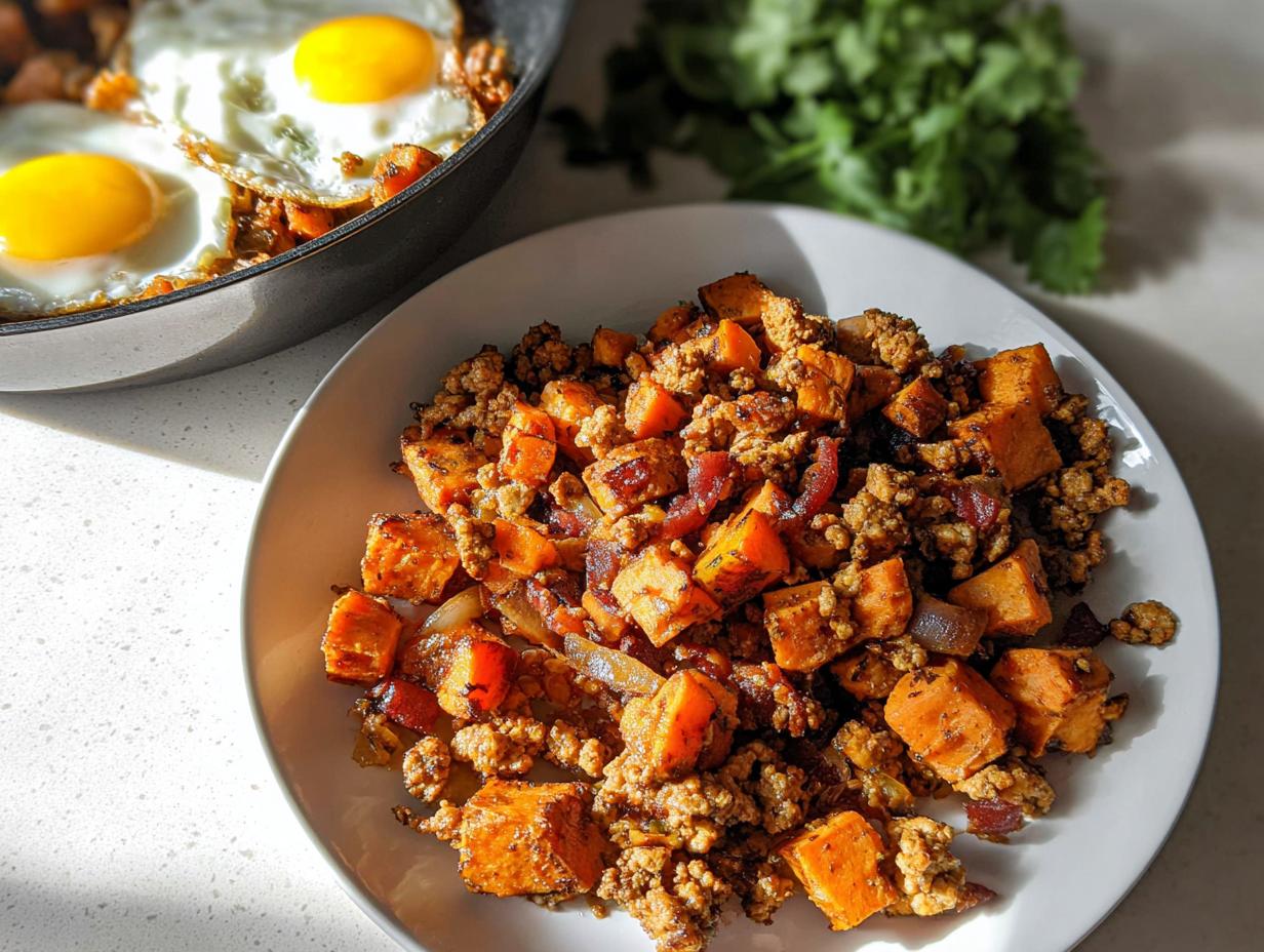 A white plate filled with Turkey and Sweet Potato Skillet Hash, with a cast iron skillet of eggs visible in the background.